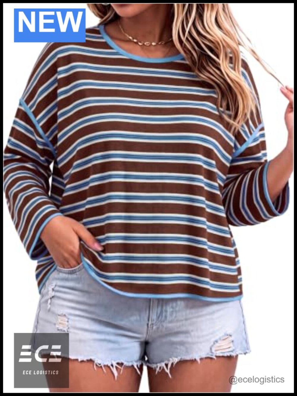 Womens Plus Size Striped Long Sleeve T-Shirt Boxy Drop Shoulder Crew Neck Casual